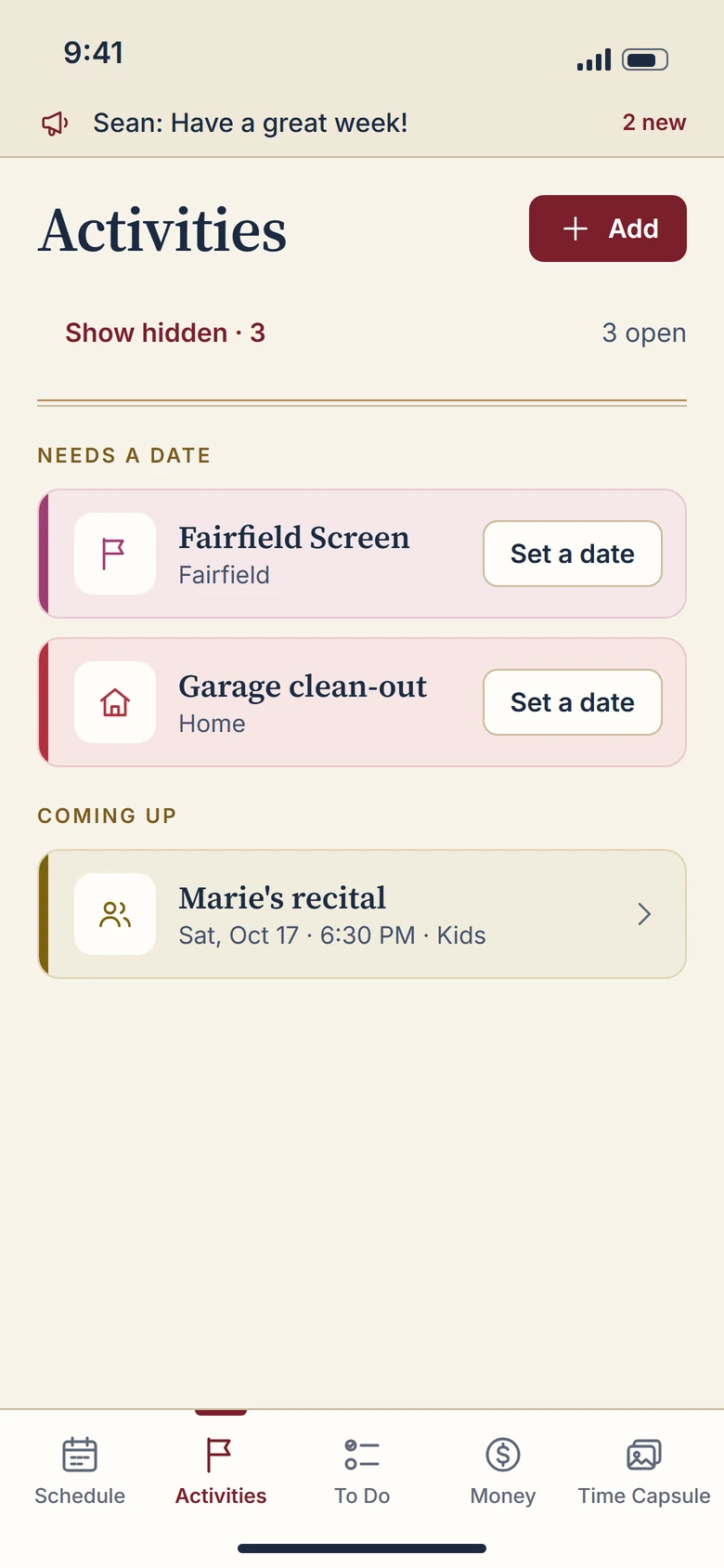 Activities screen