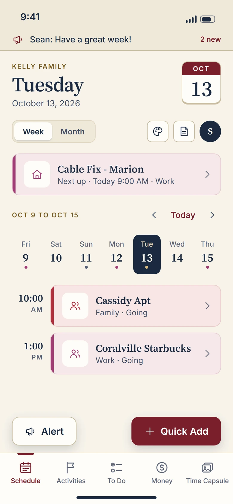 Schedule screen